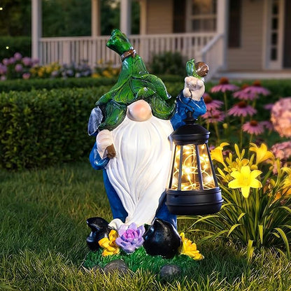 ZQQLITE Solar Garden Gnome Statue – Outdoor Decorations Funny Leprechaun Figurine with LED Lantern Waterproof Resin Leaf Hat Dwarf Sculpture for Patio Lawn Yard Art and Housewarming Gift