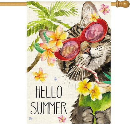 AVOIN colorlife Hello Summer Floral Cat House Flag 28x40 Inch Double Sided Outside, Party Holiday Burlap Yard Outdoor Decoration