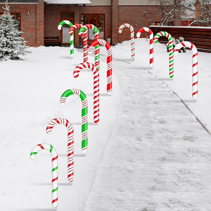 Glenmal 12 Pcs Christmas Candy Cane Yard Decor Outdoor Lawn Garden Yard Sign Red Green White Candy Cane Decoration Christmas Decoration with Stakes for Xmas Holiday Decor