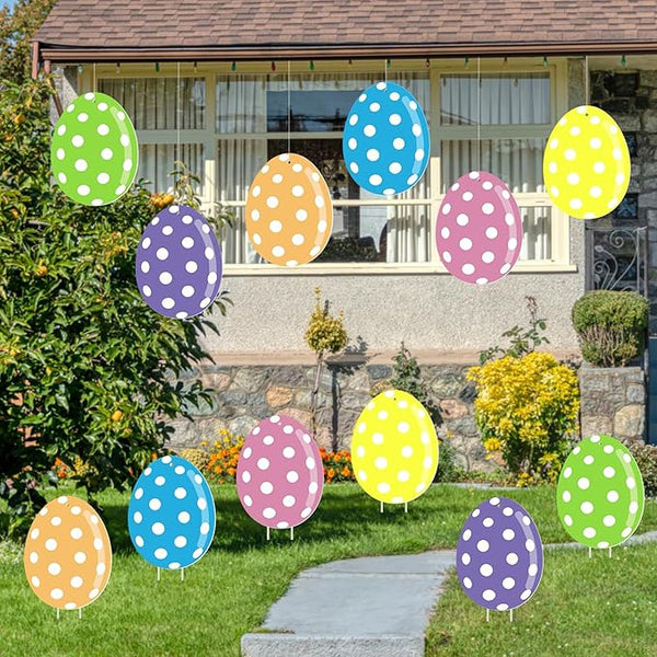 12Pcs Easter Yard Signs Outdoor Decorations Pastel Easter Egg shaped Yard Sign with Stakes Colorful Eggs Garden Signs for Garden Lawn Home Party Supplies (12 Pcs Eggs)