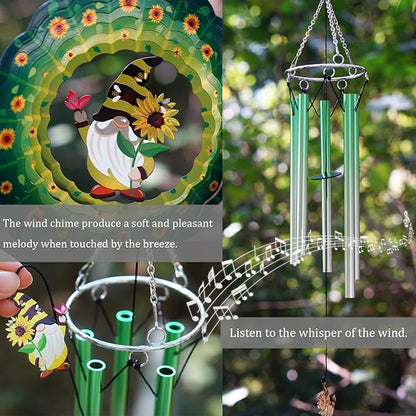 Wind Chimes with Sunflower Gnome 3D Display Wind Spinner for Outside Garden Patio Yard Decor, Metal Decorative Windchime Outdoor Hanging Gift for Mom Women Wife, for Christmas, Birthday