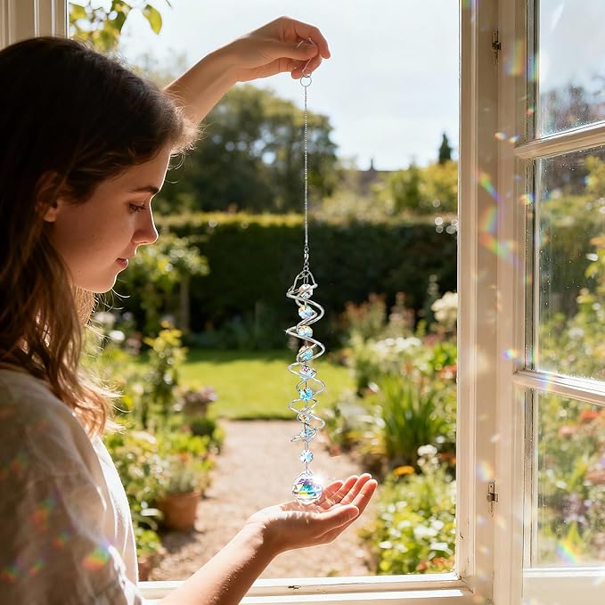 H&D HYALINE & DORA 20.5in Crystal Sun Catcher,Colorful Hanging Suncatcher with Octagonal Beads and Chain,Gazing Ball Spiral Tail,Rainbow Crystals for Indoor Outdoor Garden Decoration