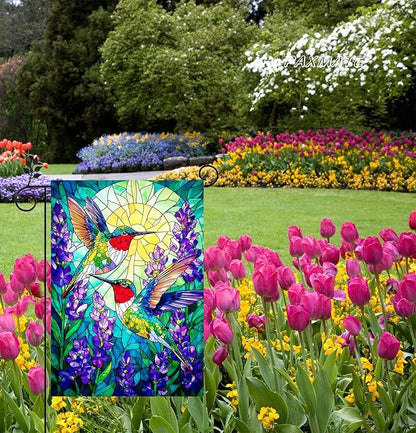 Spring Summer Hummingbird Garden Flag Double Sided 12x18 Inch, Stained Glass Hummingbird Purple Flowers Yard Flag Seasonal Farmhouse Outside Outdoor Decoration