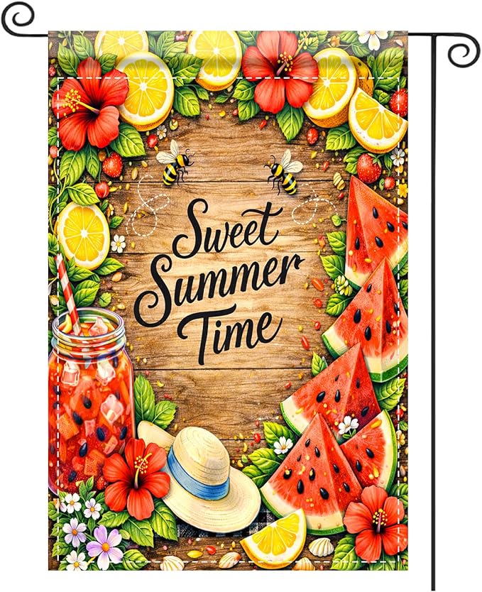 Nuxovilar Summer Garden Flag Sweet Summer Time Lemon Watermelon Flower Pattern Polyester 12x18 Inches Garden Flags for Outside Seasonal Decor Yard Porch Lawn