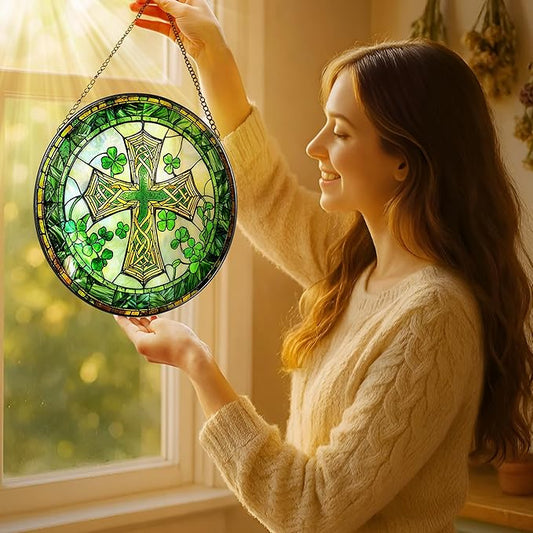 8'' St. Patrick's Day Cross Stained Glass Suncatcher Ornament, Stained Glass Window Hanging, Irish Decor, Patrick Day Decor, Irish Shamrock Gift, Cross Gifts, Religious Gifts, Christian Gift