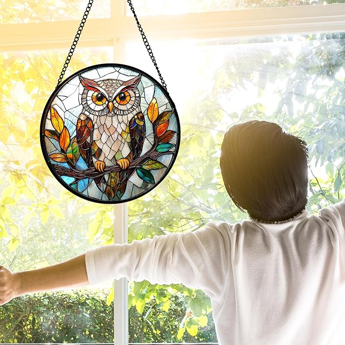 DASTOLL Stained Glass Window Hanging, Owl Colorful Leaves Birds Sun Catchers Diamond Glass Panel Hangings Suncatcher Decor for Birthday for Women, Men, Wife, Aunt, and Mom 11.8x11.8 in