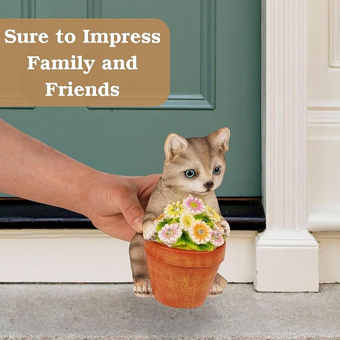 Muldale Cat Solar Light - Cat Garden Statue Outdoor - Solar Powered Cat Garden Decor for Outside - Hand Painted Floral Plant Pot Light Up Cat, Brown