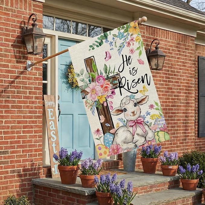 CROWNED BEAUTY Easter House Flag Cross 28x40 Inch Double Sided Large Holiday Welcome Decoration for Outside Yard