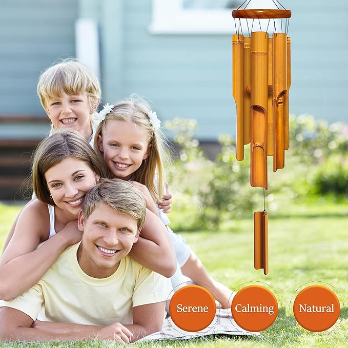 Bamboo Wind Chimes 30" 6 Pipes, Handcrafted Wooden Wind Chime Bring a Unique and Soothing Melody, Create a Zen Atmosphere for Outdoor Indoor Decor, for Sympathy, Memorial