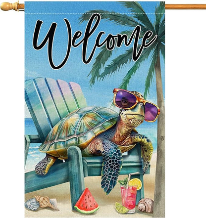 BLKWHT Summer Beach Sea Turtle House Flag 28x40 Vertical Double Sided Blue Welcome Ocean Holiday Outside Decorations Burlap Yard Flag BW814-40