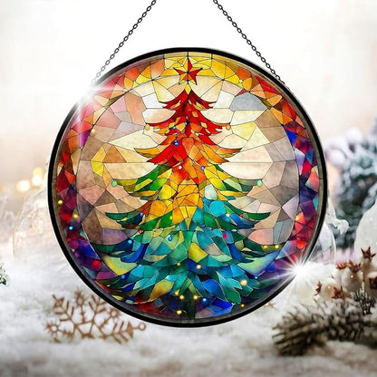 Christmas Tree Stained Glass Window Hanging, 7.9" Colorful Xmas Tree Sun Catcher Glass Panel with Chain, Christmas Trees Decor Handmade Suncatchers Xmas Gifts for Women Sister BFF
