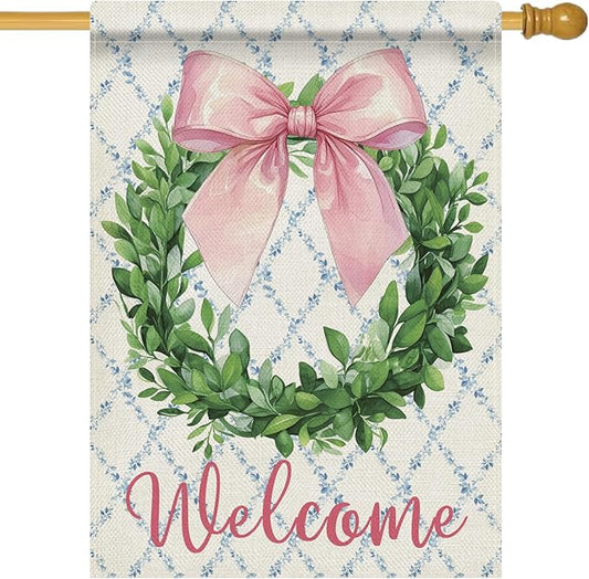 Dyrenson Welcome Pink Bow Wreath 28 x 40 House Flag Double Sided, Coquette Ribbon Eucalyptus Leaves Garden Yard Decoration, Botanical Plants Burlap Outdoor Decor Decorative Large Flag