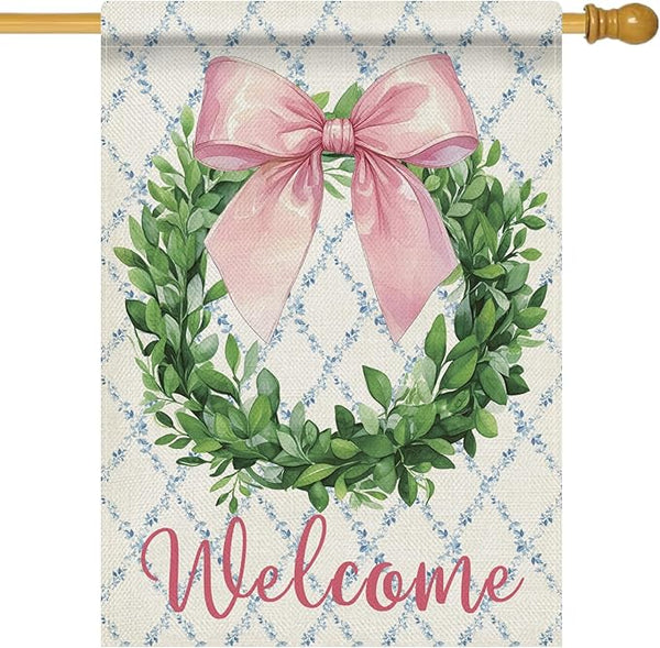 Dyrenson Welcome Pink Bow Wreath 28 x 40 House Flag Double Sided, Coquette Ribbon Eucalyptus Leaves Garden Yard Decoration, Botanical Plants Burlap Outdoor Decor Decorative Large Flag