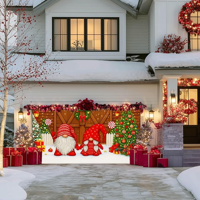 IVN Christmas Garage Door Cover Decoration 13x6ft Gnomes by Barn Doors with Tree Merry Christmas Garage Door Banner Home Door Front Yard Decor for Xmas Eve Holiday Outdoor