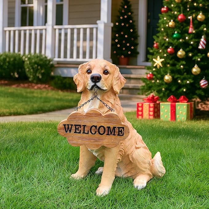 Golden Retriever Garden Statue with Solar Lantern & Welcome Sign, 15.7" Large Realistic Dog Sculpture Outdoor Decor for Patio Yard Lawn Porch, Pet Memorial Figurine Gift for Dog Lovers, 5.7lbs