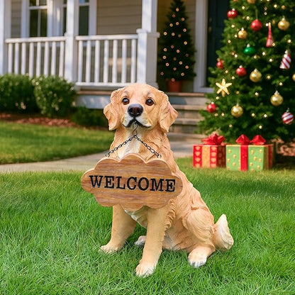 Golden Retriever Garden Statue with Solar Lantern & Welcome Sign, 15.7" Large Realistic Dog Sculpture Outdoor Decor for Patio Yard Lawn Porch, Pet Memorial Figurine Gift for Dog Lovers, 5.7lbs