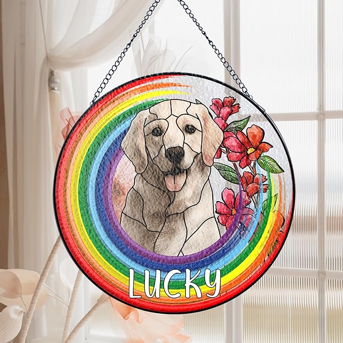 NAZENTI Personalized Pet Stained Glass Suncatcher, Custom Name Pet Photo Memorial Ornament Window Hanging, Remembrance Sympathy Gift for Loss of Pet Dog Cat, Bereavement Keepsake