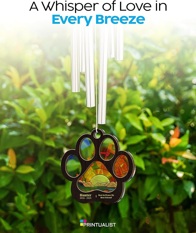 Personalized Pet Memorial Suncatcher Wind Chimes for Remembrance, 17 Inches, Pet - Add Custom Text - Metal Tubes and Suncatcher