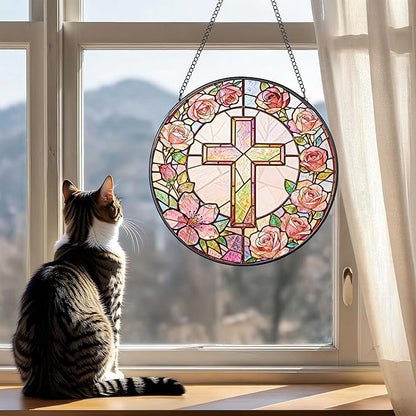 Sun Catcher Cross Stained Glass 7.9 Inch Suncatcher Religious Cross and Roses Suncatchers for Windows Hanging Gifts for Women Cottage Core Apartment Home Decor Christian Gift Religious Gift