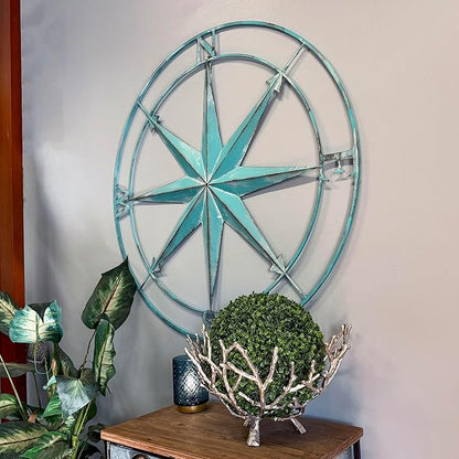 Zeckos 39 Inch Aqua Metal Compass Rose Wall Decor, Large Distressed Nautical Wind Rose Wall Sculpture with Keyhole Hanger for Coastal Entryway, Living Room, Bedroom or Covered Patio