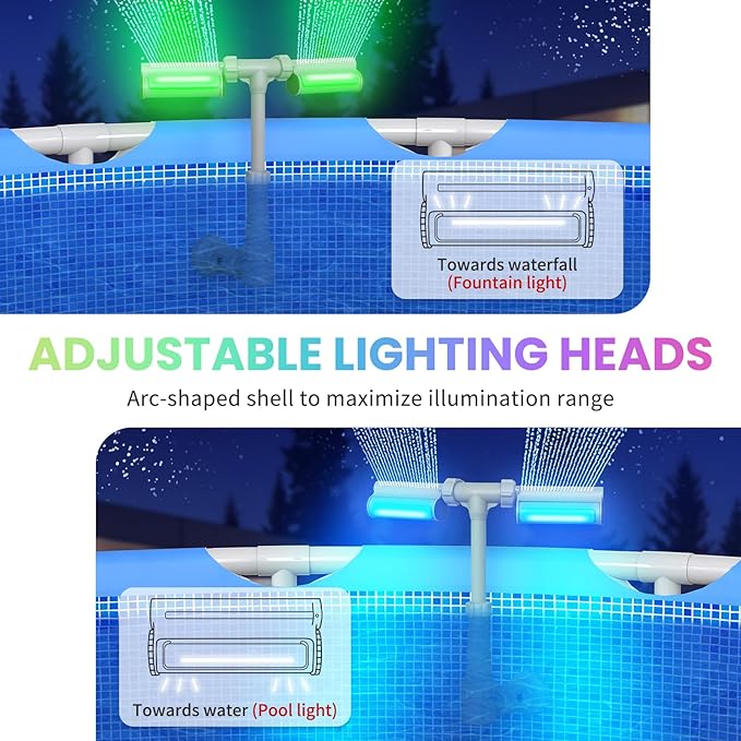 Swimming-Pool Waterfall Fountain w/Colorful Led-Lights - 7 Color Changing Above/Inground Pool Fountain Lights with Remote, Water Sprinkler Adjustable Height Pool Sprayer for Outdoor Yard Decoration