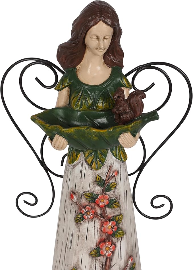 Alpine Corporation WQA1554 Floral Woodland Angel Holding Leaf Statue, Sentimental Home Décor for Patio & Garden, 12"H