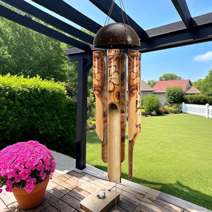 ASTARIN Bamboo Wind Chimes for Outside,Handcrafted Wooden Wind Chimes for Outside with Coconut Crown, Floral Burned Design Bamboo Windchimes for Garden,Yard,Home(35 Inch)(FSC Certified)