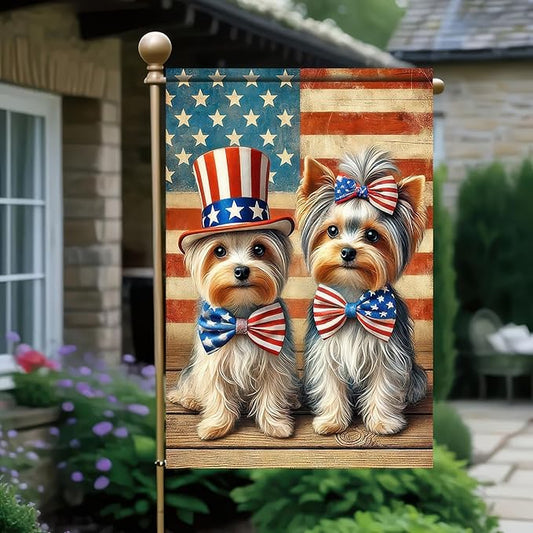 BlissYard Patriotic 4th of July Yorkie Dog Garden Flag American Flag Double Dogs Welcome Small Yard Flag 12x18 Inch Double Sided Patriotic Dog Decor Outdoor Seasonal Decoration Independence Day Memorial Day