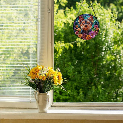 Yorkshire Terrier Stained Glass Suncatcher Dog Yorkie in Flowers Handmade Window Hangings Colored Glass Suncatcher Crafts Kits for Indoor Garden Home Decor Gift for Pet Lover Memorial (6.3in)