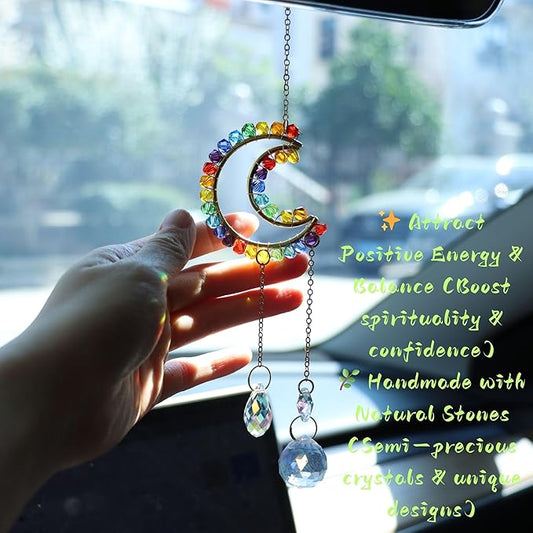 Moon Rear View Mirror Accessories, Crystal Bead Car Decor, Boho Witchy Suncatcher Healing, Car Charm Hanging Ornaments for Women Men