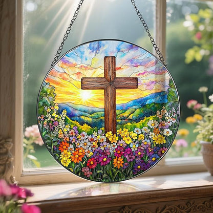 8'' Religious Cross Ornament, Stained Glass Window Hanging, Sun Catcher Window Decor, Christian Holiday Decor, Cross Gifts, Baptism Gifts, Religious Gift, Christian Gift