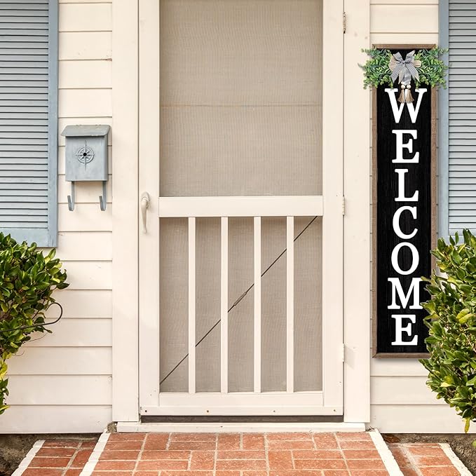 flowtorely Outdoor Welcome Sign for Front Porch Standing 45"×9" Tall Wood Frame Vertical Leaner farmhouse Outside Rustic Large Welcome Sign for Front Door Home Decorations (Wood)