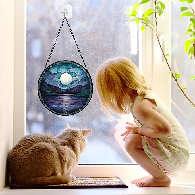 DASTOLL Stained Glass Window Hanging, Blue Night Moon Lake Sun Catchers Colorful Glass Panel Landscape Suncatcher Decor for Birthday for Women, Men, Wife, Aunt, and Mom 6.3 in