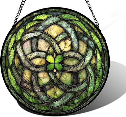 DASTOLL Stained Glass Window Hanging, Abstract Green Clover Sun Catchers Colorful Glass Panel Bless Suncatcher Decor for Birthday for Women, Men, Wife, Aunt, and Mom 11.8x11.8 in
