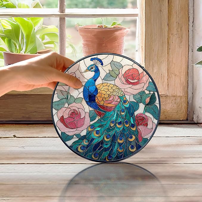 Peacock Stained Glass Window Hanging, Peacock Suncatchers, Bird Rose Flowers Sun Catchers Indoor Window Round Glass Wall Art Hanging Decorations, 7.9x7.9in