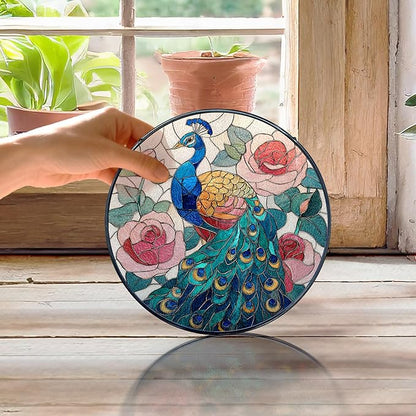 Peacock Stained Glass Window Hanging, Peacock Suncatchers, Bird Rose Flowers Sun Catchers Indoor Window Round Glass Wall Art Hanging Decorations, 7.9x7.9in