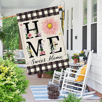 ORTIGIA Spring Summer Daisy House Flag Burlap Double Sided Home Sweet Home Floral Flower Large House Flag Farmhouse Buffalo Plaid Yard Lawn Patio Outdoor Outside 28x40 Inch