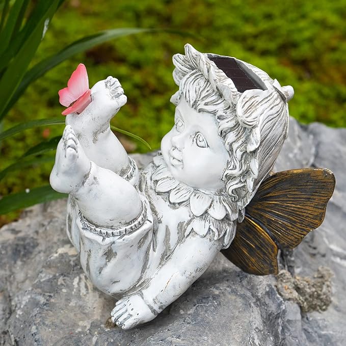 Suyorpe Fairies for Fairy Garden Solar Decor - Fairy Figurines Resin Outdoor Statues Ornaments with Light up Butterfly for Patio,Lawn,Yard,Porch,Outside Angel Gifts