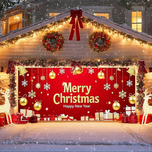 IVN Christmas Garage Door Cover Decoration 13x6ft Red and Gold Ornaments Snowflakes and Gift Boxes Merry Christmas Winter Garage Door Banner Home Door Front Yard Decor for Xmas Eve Holiday Outdoor