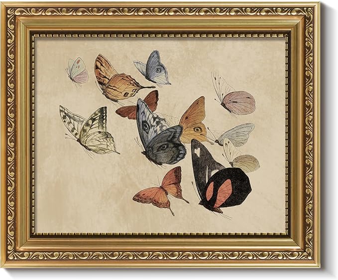 ARPEOTCY Vintage Gold Framed Wall Art, Classical Flying Butterflies Paintings, 8x10 inch Small Aesthetic Canvas Prints Artwork with Frame, Victorian Wall Decor for Living Room Bathroom Bedroom Shelf