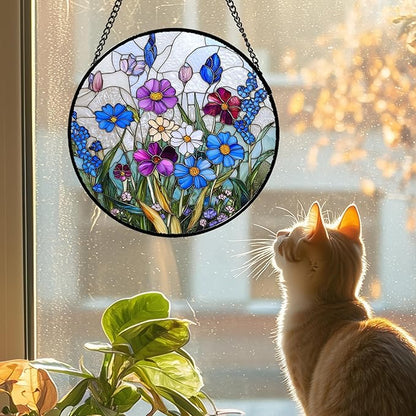 Stained Glass Window Hanging Blue Purple Wildflowers Large 11.8" - Suncatcher Door Garden Sunroom Sun Catcher Home Decor Birthday Christmas for Mom Men Woman Nana Friend