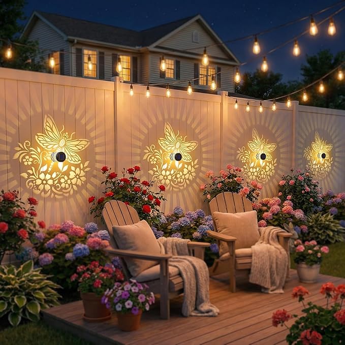 Gardsee Solar Fence Lights Outdoor 2 Pack Deck Step Wall Lights Butterfly Metal Waterproof LED Warm Yellow Light for Garden Post Patio Backyard Yard Decor (Black 3)