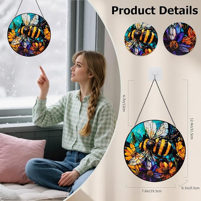 Stained Glass Window Hanging, Bee Yellow Flower Suncatcher for Doors Home Sun Catchers Decoration, Mother's Day Birthday Gifts for Women, Men, and Mom
