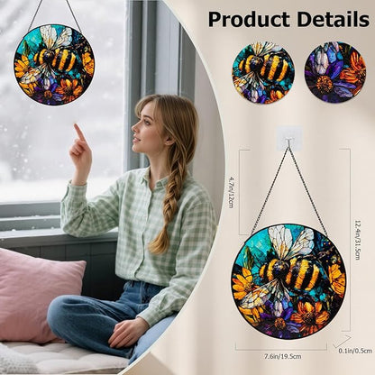 Stained Glass Window Hanging, Bee Yellow Flower Suncatcher for Doors Home Sun Catchers Decoration, Mother's Day Birthday Gifts for Women, Men, and Mom