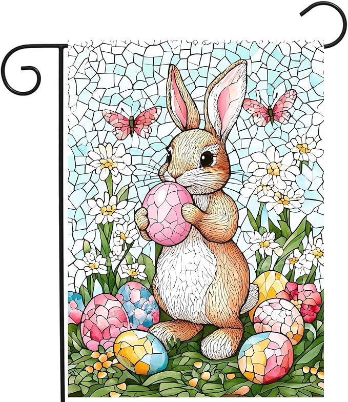 Easter Bunny Garden Flag Stained Glass Rabbit Flag Easter Egg Yard Flag for Outside 12x18 Double Sided Lily Spring Outdoor Flag Small