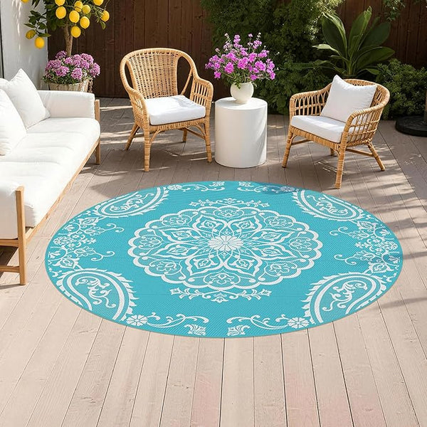 Pauwer Waterproof Outdoor Rug 6ft, Reversible Plastic Straw Patio Camping Rug, Indoor Outdoor RV Mat Carpet for Deck, Camper, Porch, Balcony, Backyard, Picnic, Boho Teal
