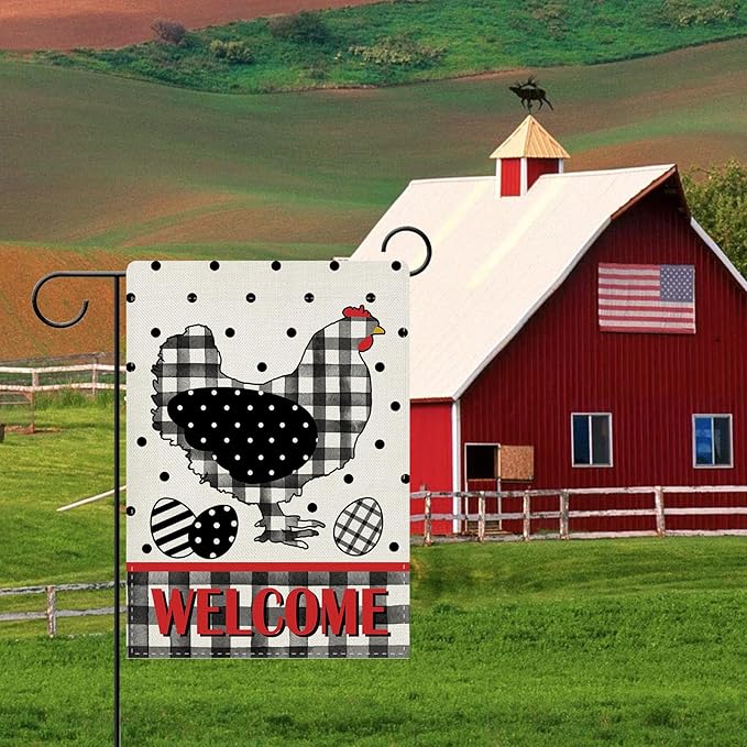Dyrenson Welcome Chicken Decorative Garden Flag, Hen Eggs Buffalo Plaid Check Polka Dots Yard Outside Home Decoration, Farmhouse Burlap Outdoor Small Decor Double Sided 12 x 18