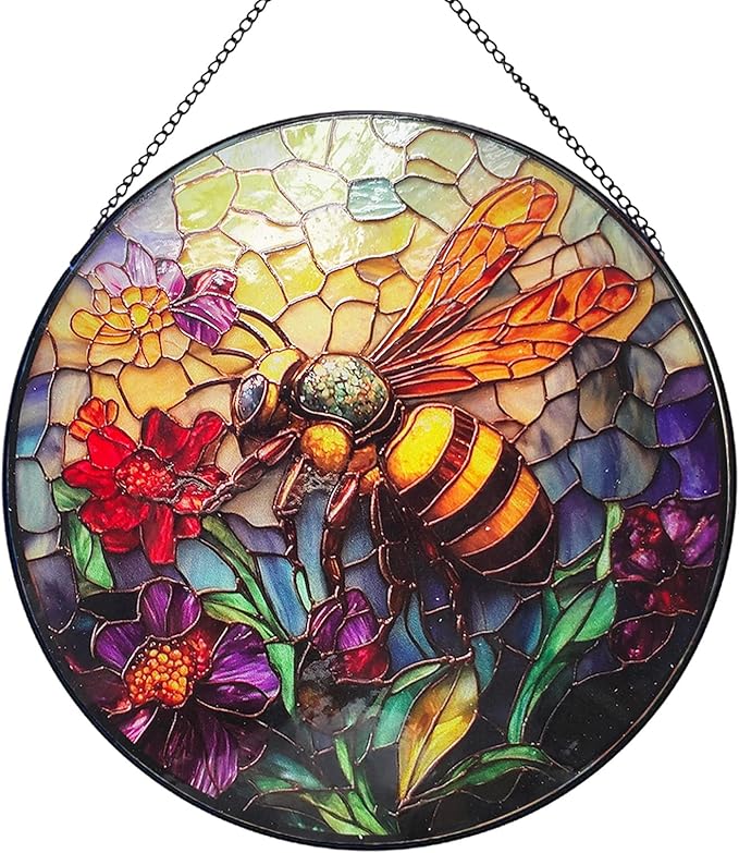 Stained Glass Window Hanging, Summer Beach Window Hanging Light Catcher, Outdoor Light Catcher Garden Decor, Tropical Kitchen Wall Decor Decorative Patios (Red Flowers Bees)