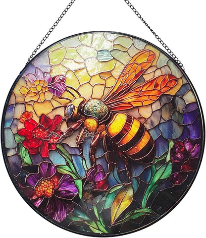 Stained Glass Window Hanging, Summer Beach Window Hanging Light Catcher, Outdoor Light Catcher Garden Decor, Tropical Kitchen Wall Decor Decorative Patios (Red Flowers Bees)