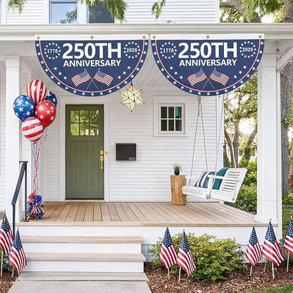 Probsin 2Pcs 250th Anniversary Fan Bunting 1.5x3Ft 1776-2026 250th Anniversary Patriotic 250th Birthday Party Supply Wall Decor Hanging Backdrop for Indoor Outdoor Fence Door Porch Balcony
